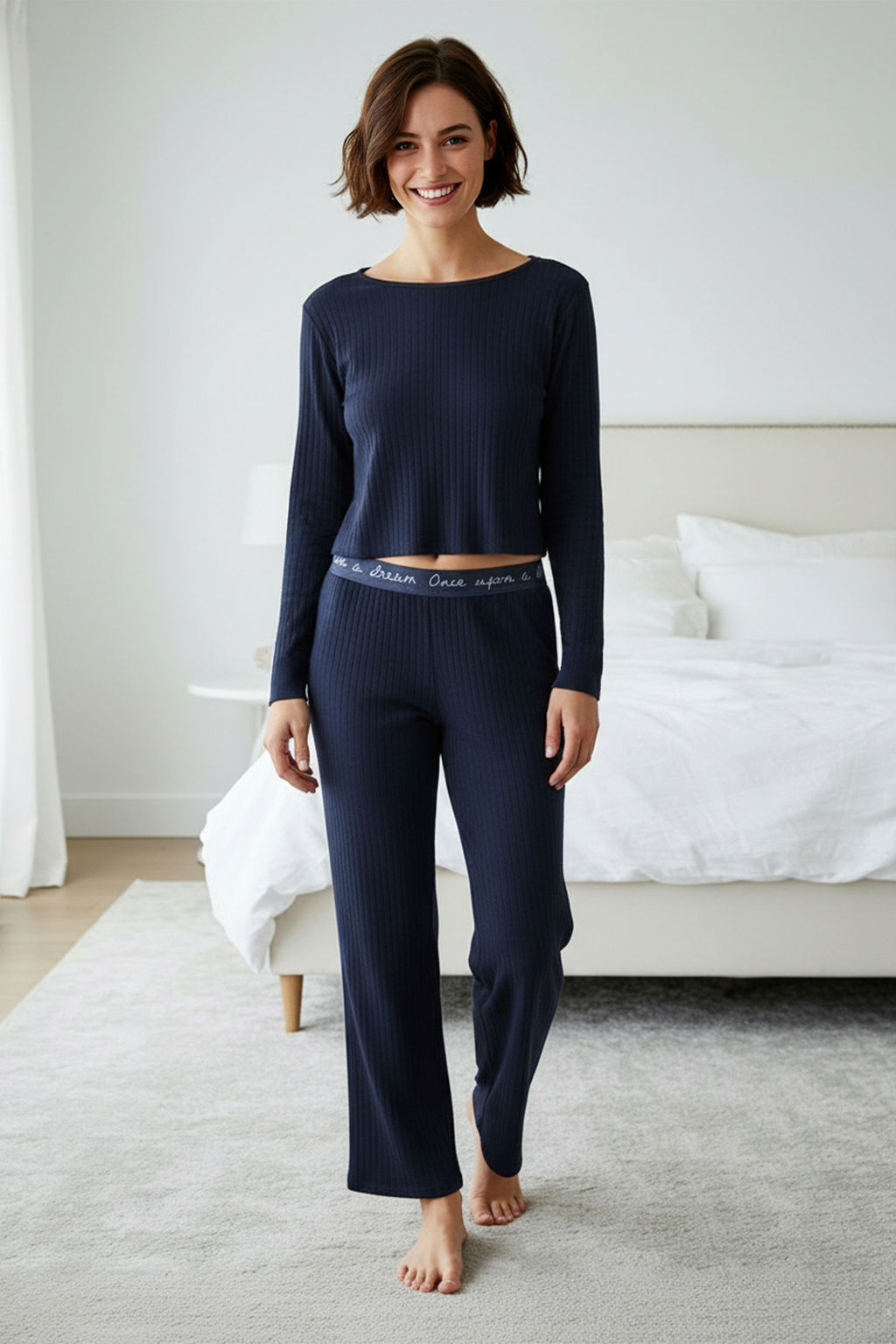 Lacivert Slogan Lastik Detayl? Fitilli Orme Pijama Tak?m? THMAW21PT0269
