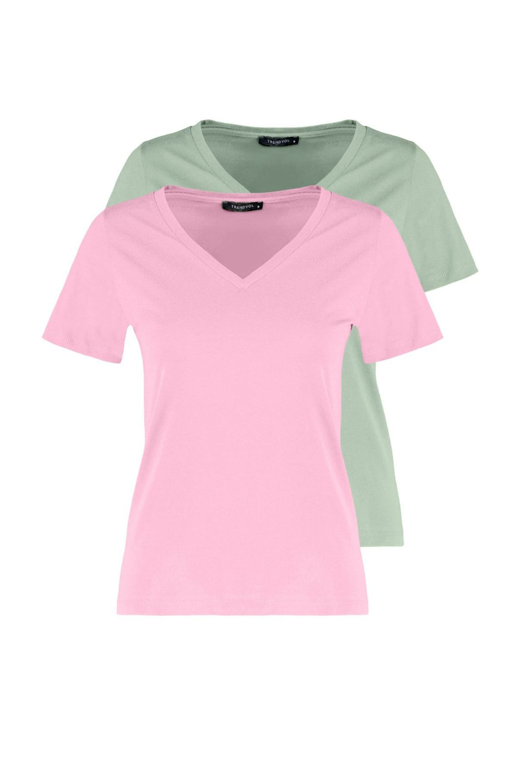 Pembe-Mint %100 Pamuk 2li Paket Basic V Yaka Orme T-Shirt TWOSS23TS00002