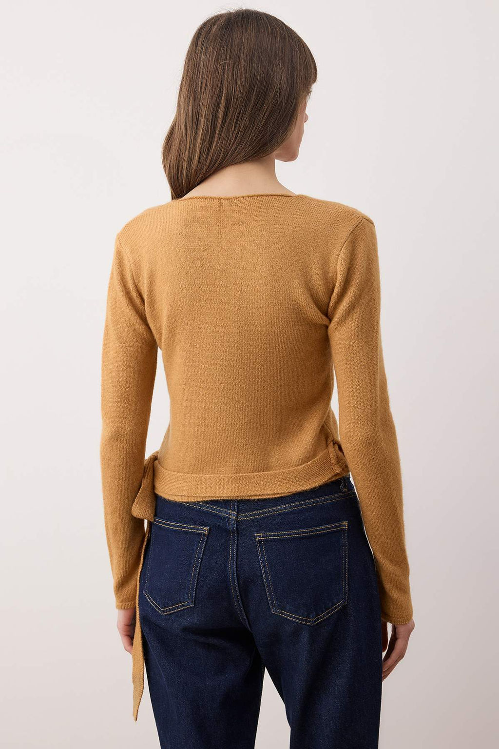 Camel Yumusak Dokulu K?sa/Crop Kruvaze Baglama Triko Kazak TWOAW26KZ00070