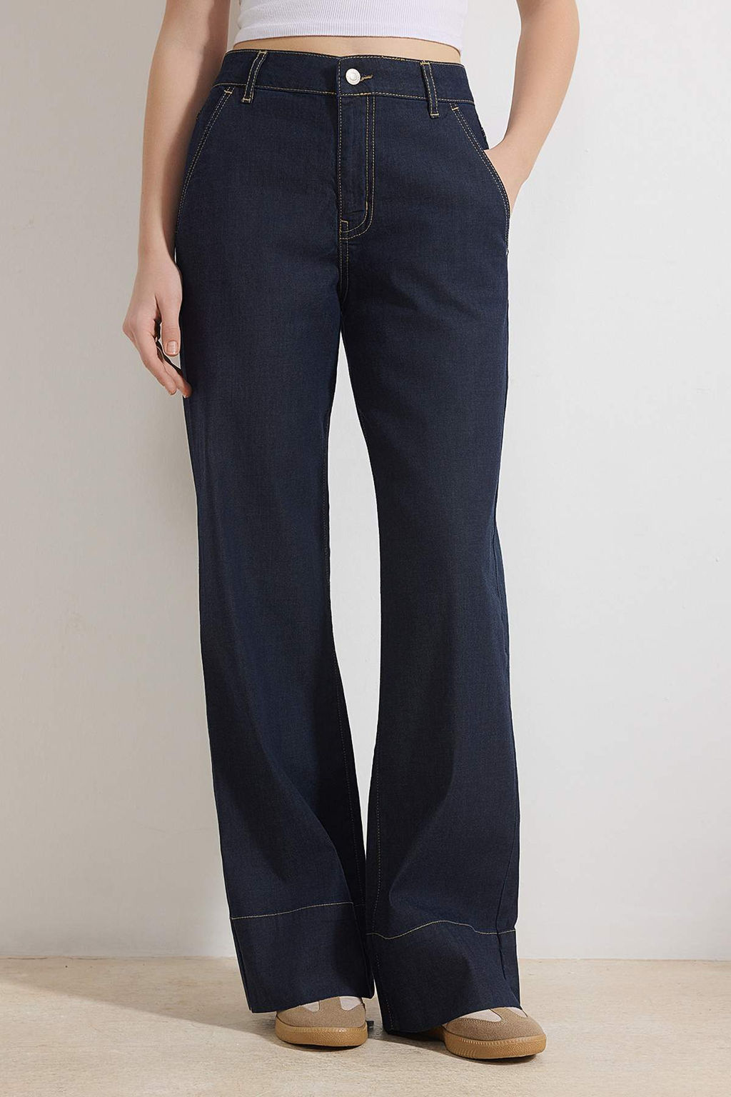 Koyu Mavi Cep Detayl? Yuksek Bel Ekstra Esnek Wide Leg Jeans TWOSS26JE00019 - Trendyolmilla фото 3