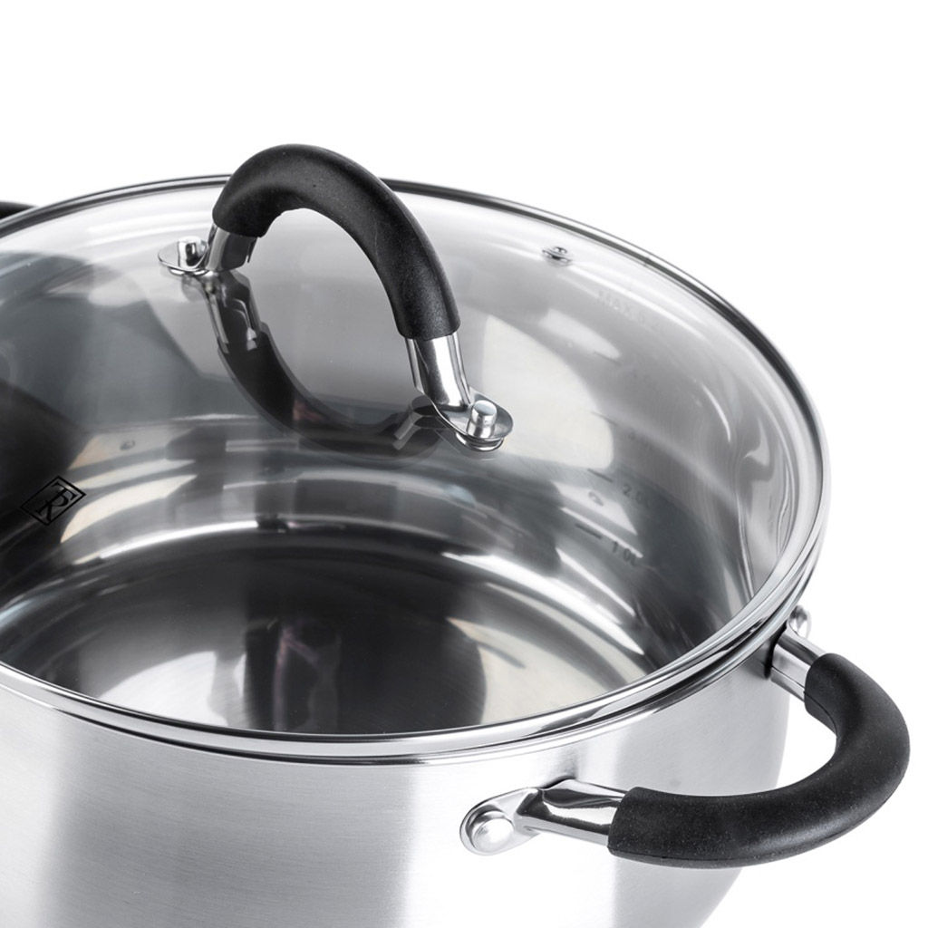 Кастрюля из нержавеющей стали Шелборн 5,2л, д24см, h11,5см, s0,6мм, дно s2,8мм, стеклянная жаропрочная крышка, стальной обод, пароотвод, силиконовые вставки черного цвета, капсулированное дно, полировка внешняя - матовая, внутренняя - зеркальная, м - Домашняя мода фото 4