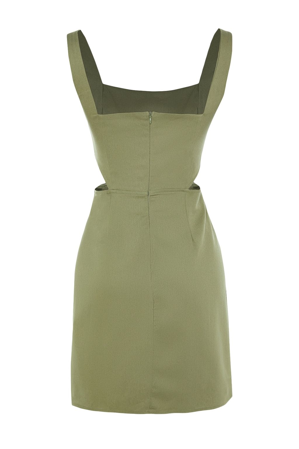 Haki A-Kesim Mini Pamuklu Bel Dekolteli Kare Yaka Astarl? Dokuma Elbise TWOSS23EL00596