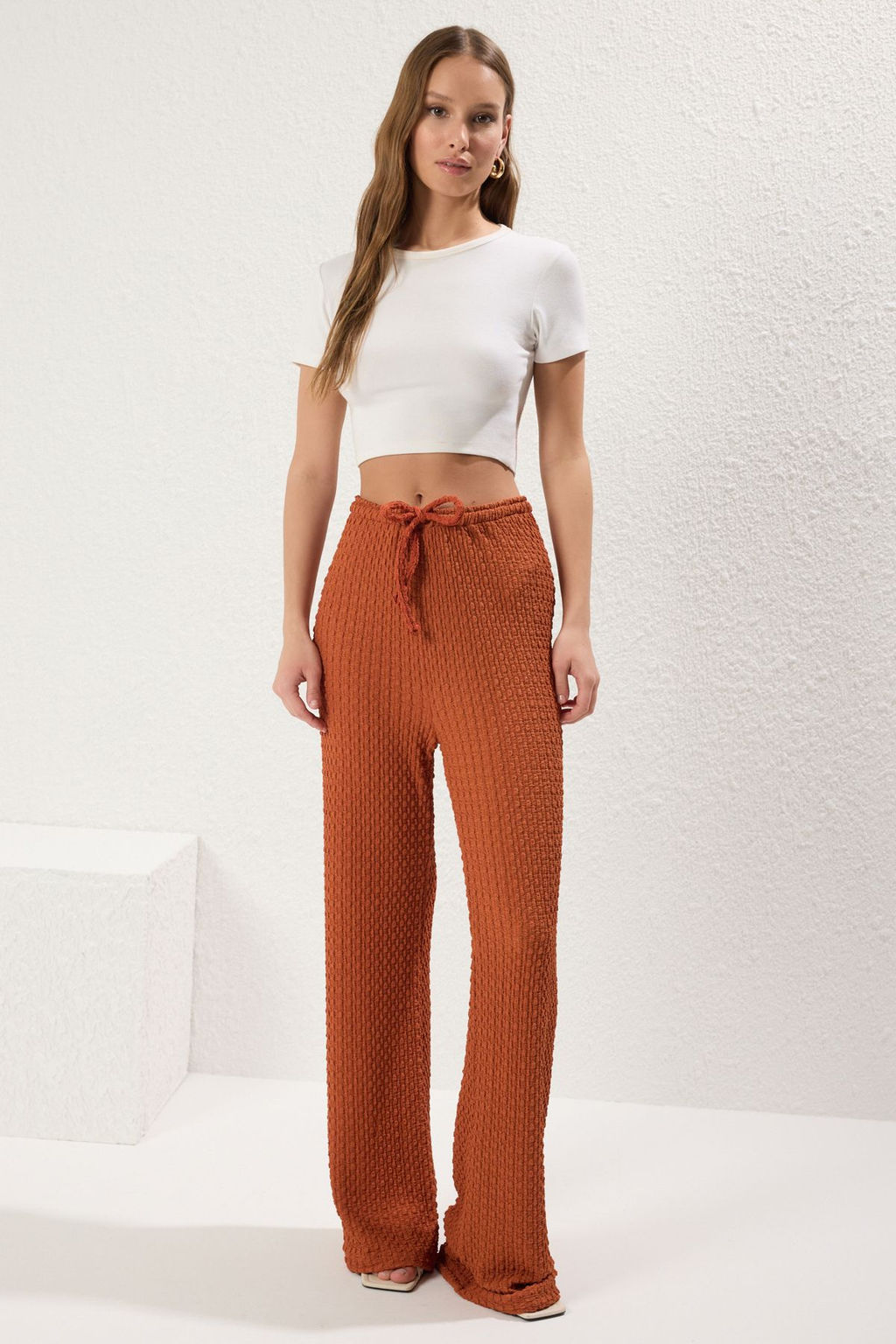 Kiremit Dokulu Wide Leg/Rahat Kesim Esnek Orme Pantolon TWOSS25PL00061 - Trendyolmilla фото 2