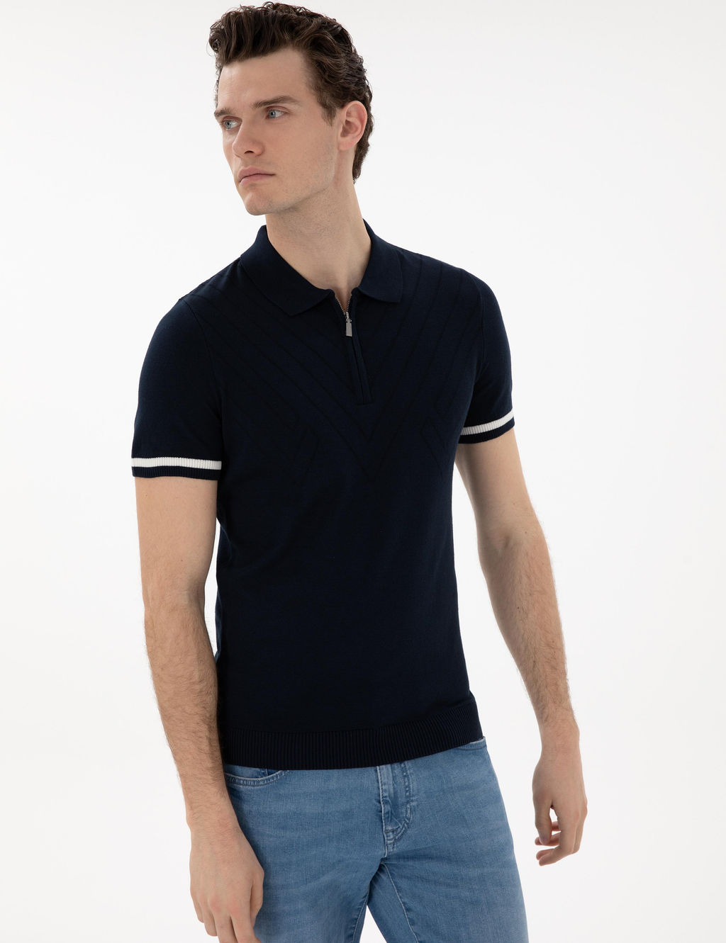 Lacivert Slim Fit Fermuarl_ Polo Yaka Triko Kazak - Pierre cardin фото 3