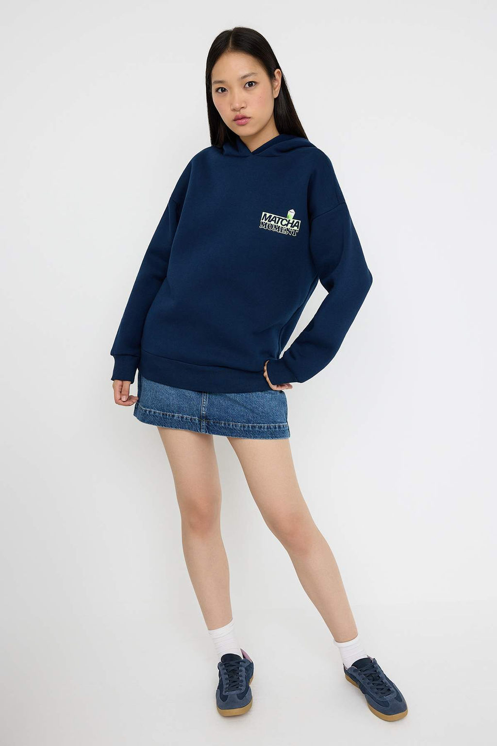 Teen Lacivert Overize Kal?p Matcha S?rt Bask?l? Kal?n Ici Polarl? Orme Sweatshirt TWOAW26SW00016 - Trendyolmilla фото 2