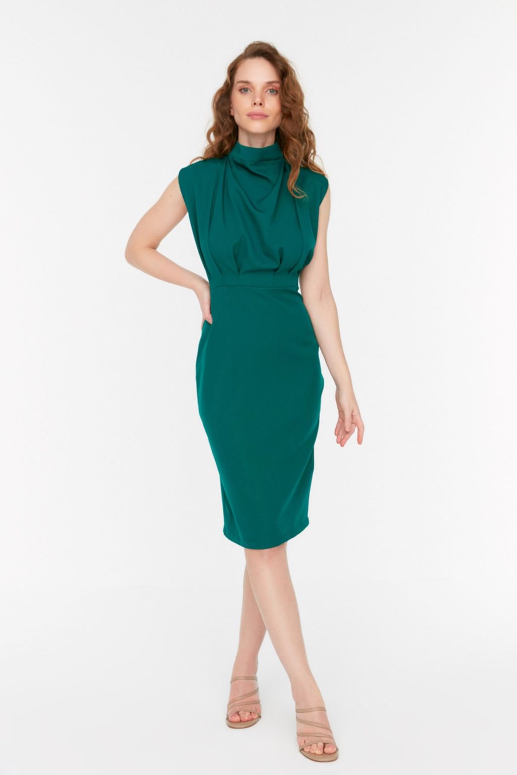 TRENDYOLMILLA Bordo Vucuda Oturan Dik Yaka Midi Kalem Etek Dokuma Elbise TWOAW20EL0311  фото 38