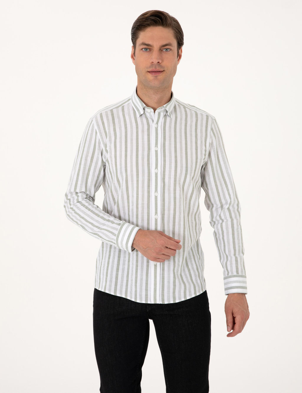 Ye_il Regular Fit _izgili Uzun Kollu G_mlek