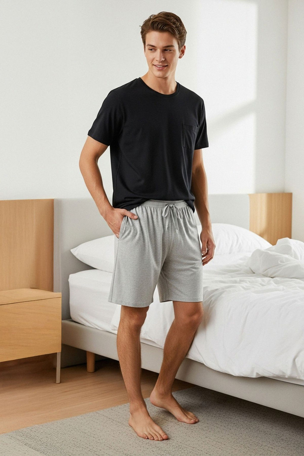 TRENDYOL MAN Siyah - Gri Regular Fit Orme Sortlu Pijama Tak?m? TMNSS25PT00033