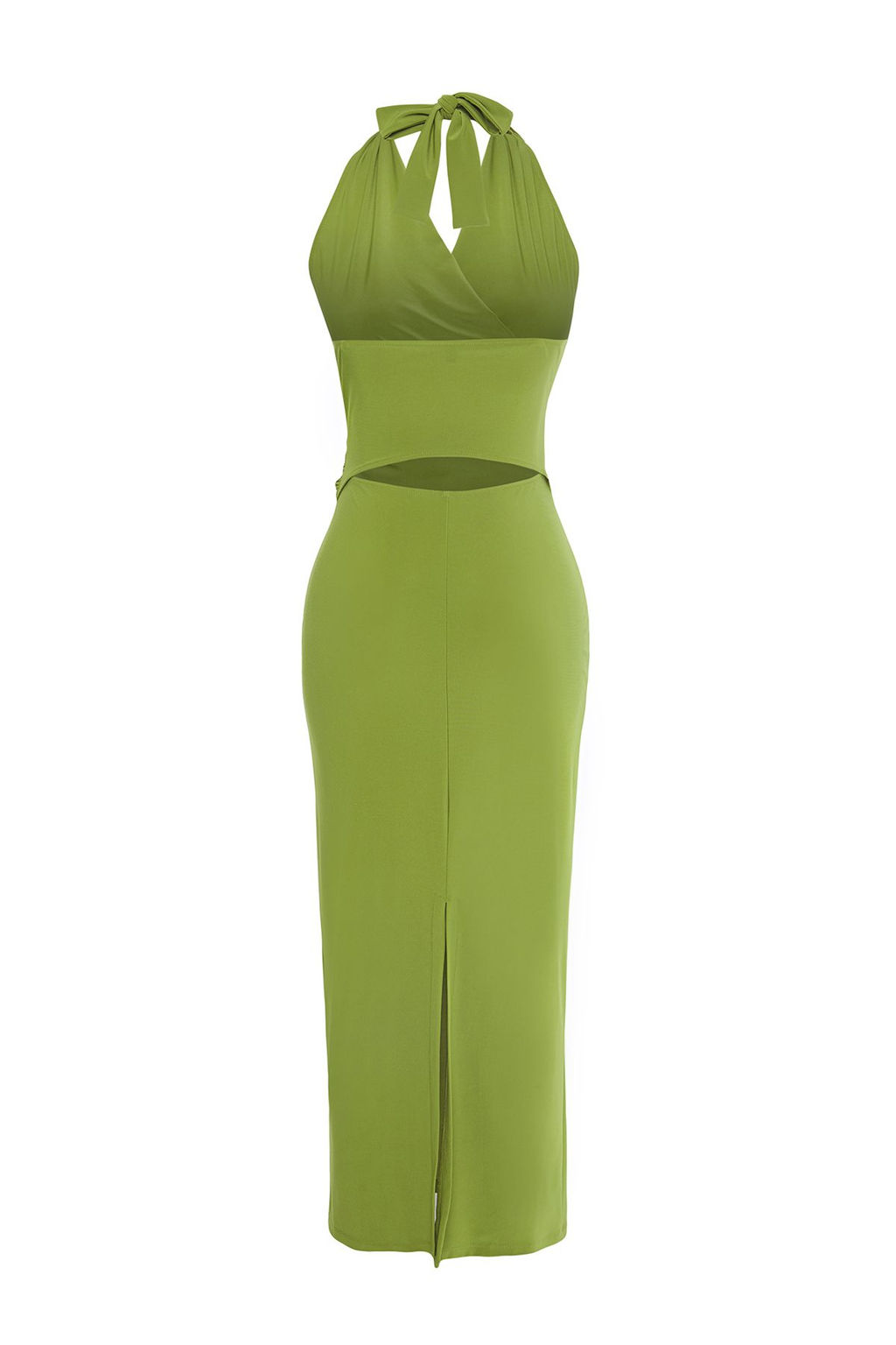 Yesil Kruvaze Baglama Detayl? V Yaka Esnek Midi Orme Elbise TWOSS25EL00479