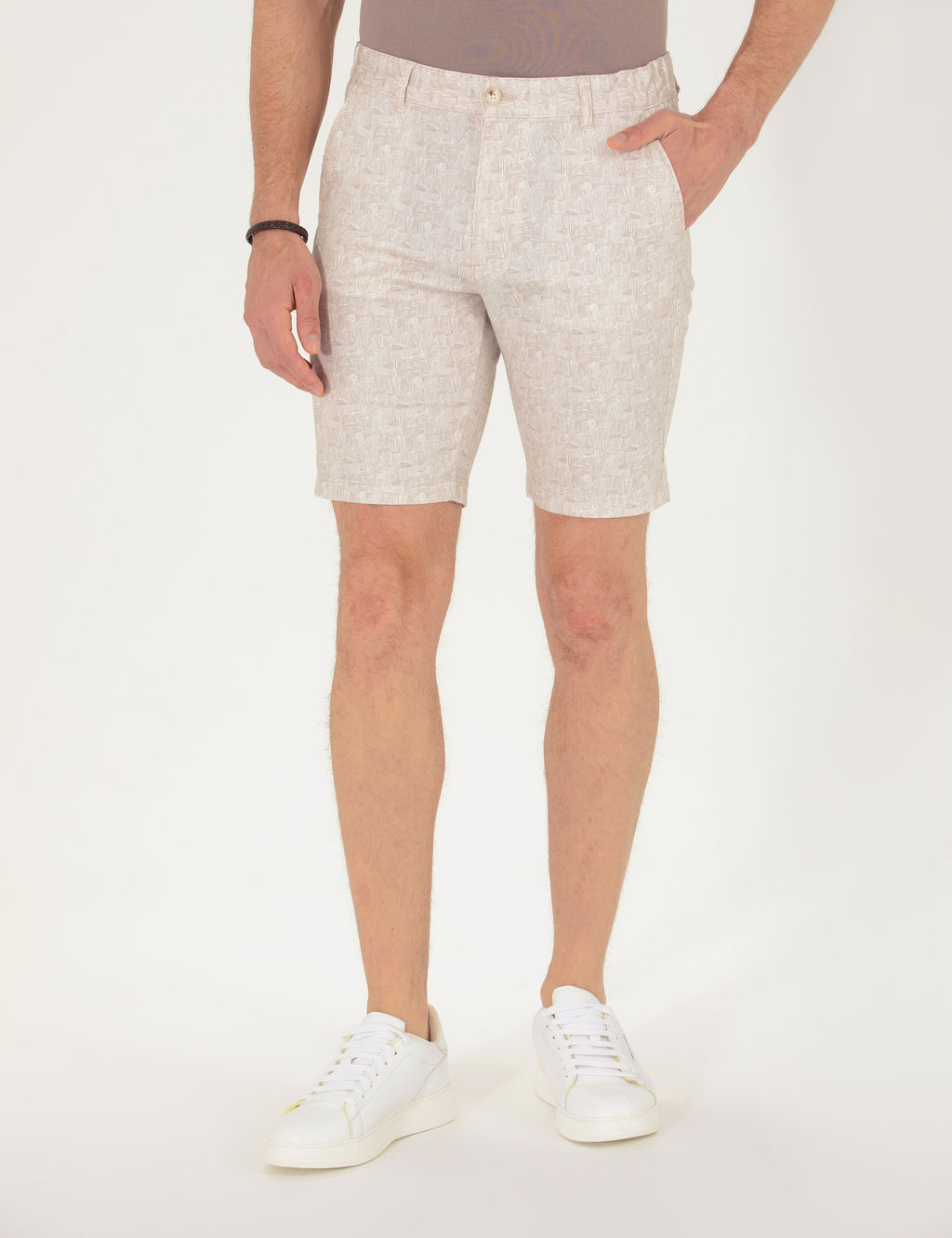 Bej Slim Fit Beli Lastikli Desenli Bermuda _ort