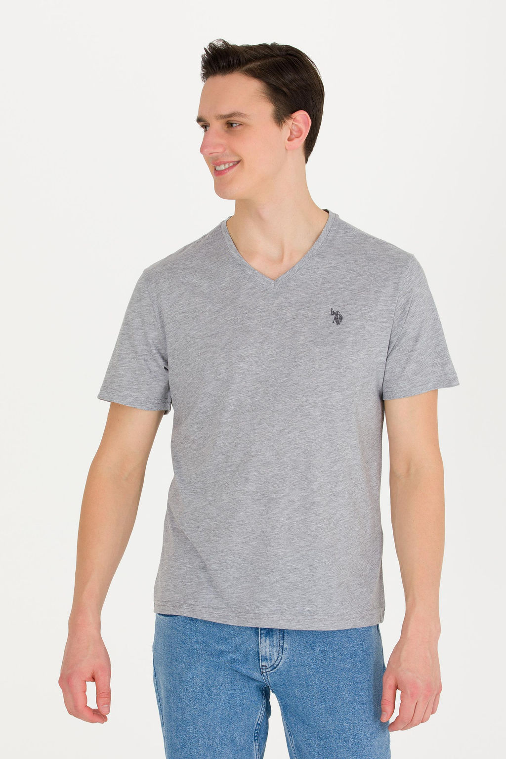 U. S. Polo Assn Мужская серая меланжевая базовая футболка с v-образным вырезом - U.s. polo assn фото 3