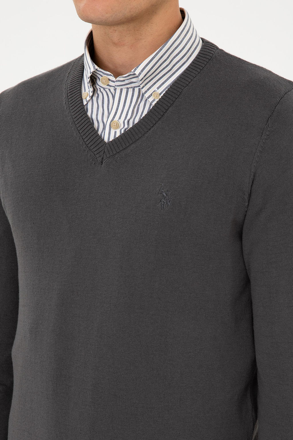 Erkek Slim Fit V Yaka Gri Basic Triko Kazak - U.s. polo assn фото 7