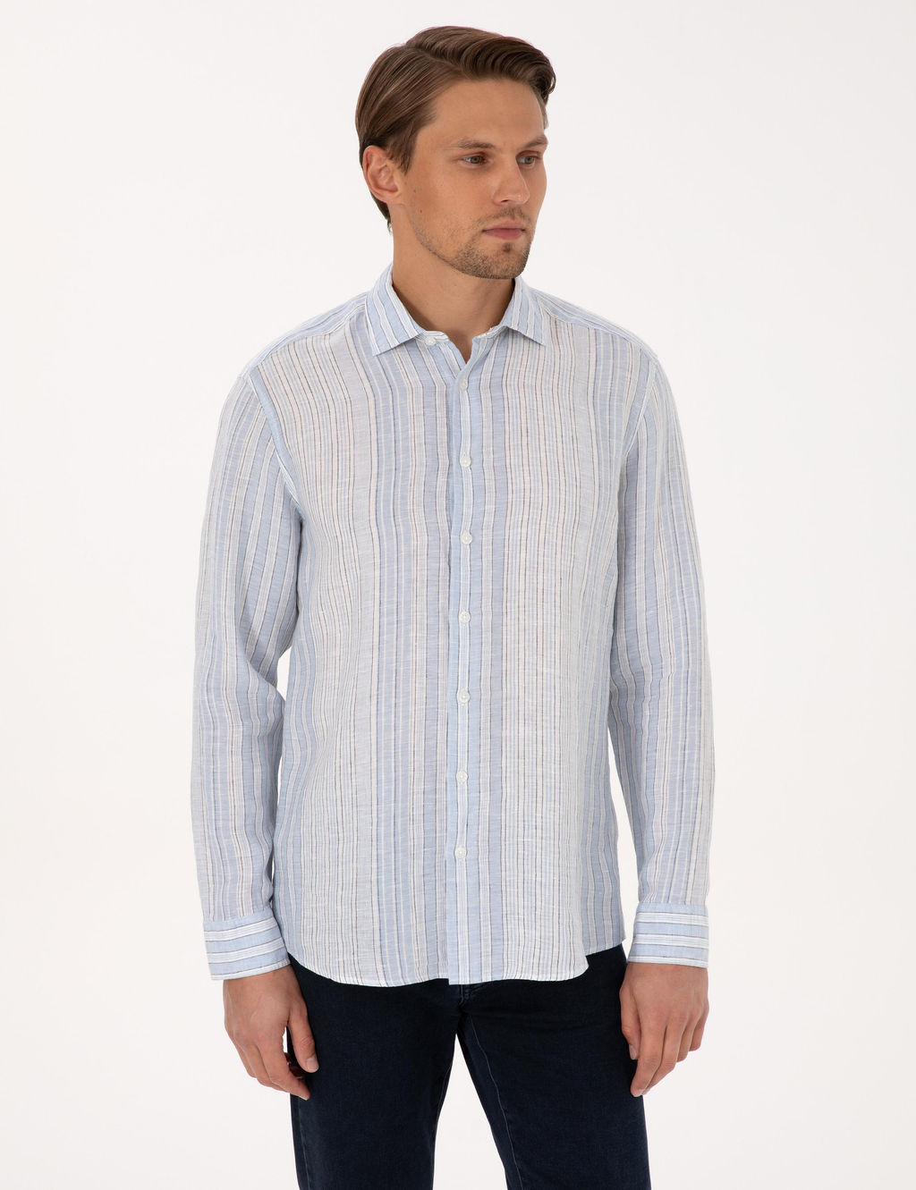 A__k Mavi % 100 Keten Uzun Kollu G_mlek - Pierre cardin фото 3