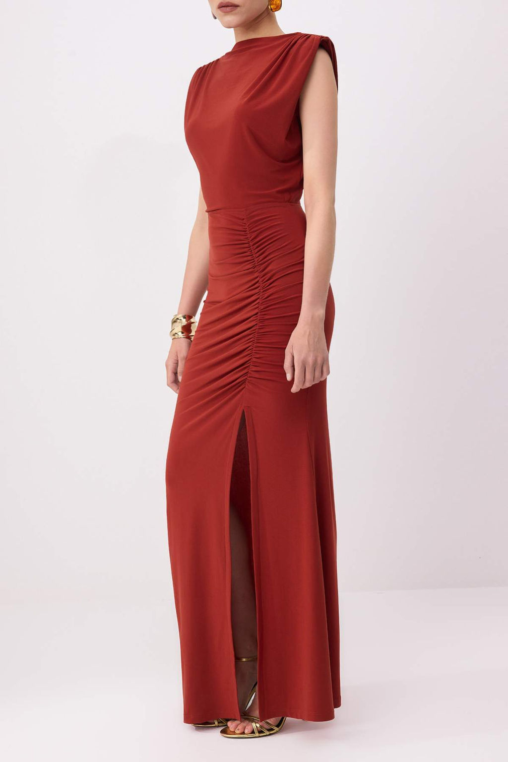TRENDYOLMILLA Saks Vucuda Oturan Drapeli Dokuma Uzun S?k Abiye Elbise TPRSS24AE00226  фото 24
