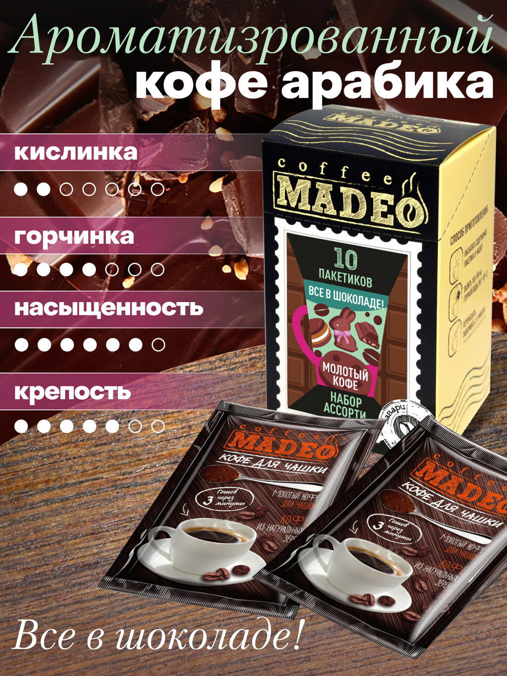 Кофе натуральный Набор порционный Всё в шоколаде 100 г (набор 10 шт) - Madeo фото 2