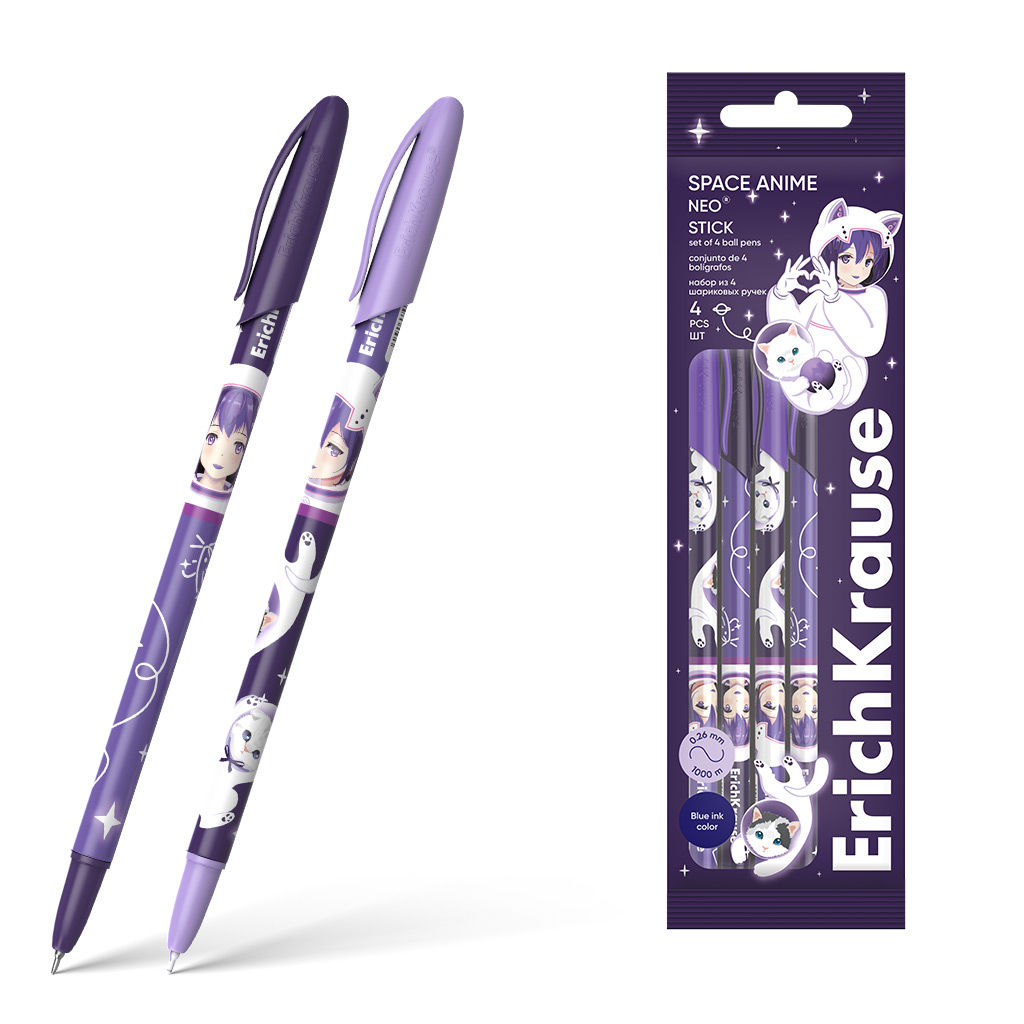 АКЦИЯ Цена за 12 шт. Набор из 4 ручек шариковых ErichKrause Neo® Stick Space Anime 0.7, Super Glide Technology, цвет чернил синий (в пакете)