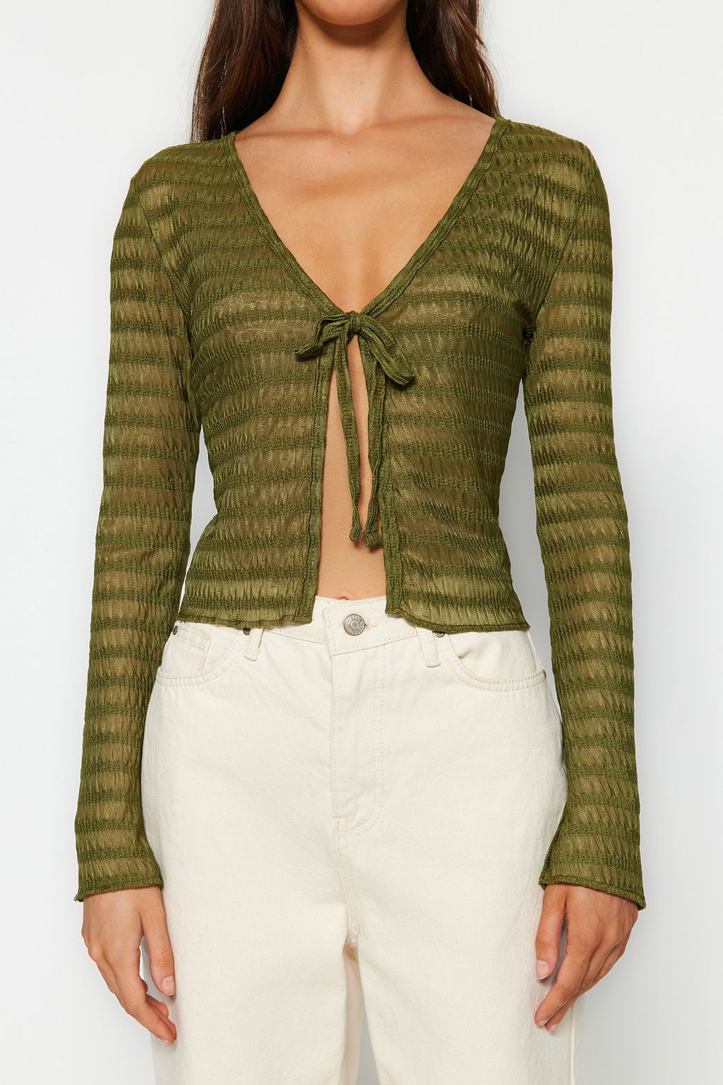 Trendyolmilla Ekru Premium Baglama Detayl? Dokulu V Yaka Esnek Orme Bluz TWOSS23BZ00796  фото 9