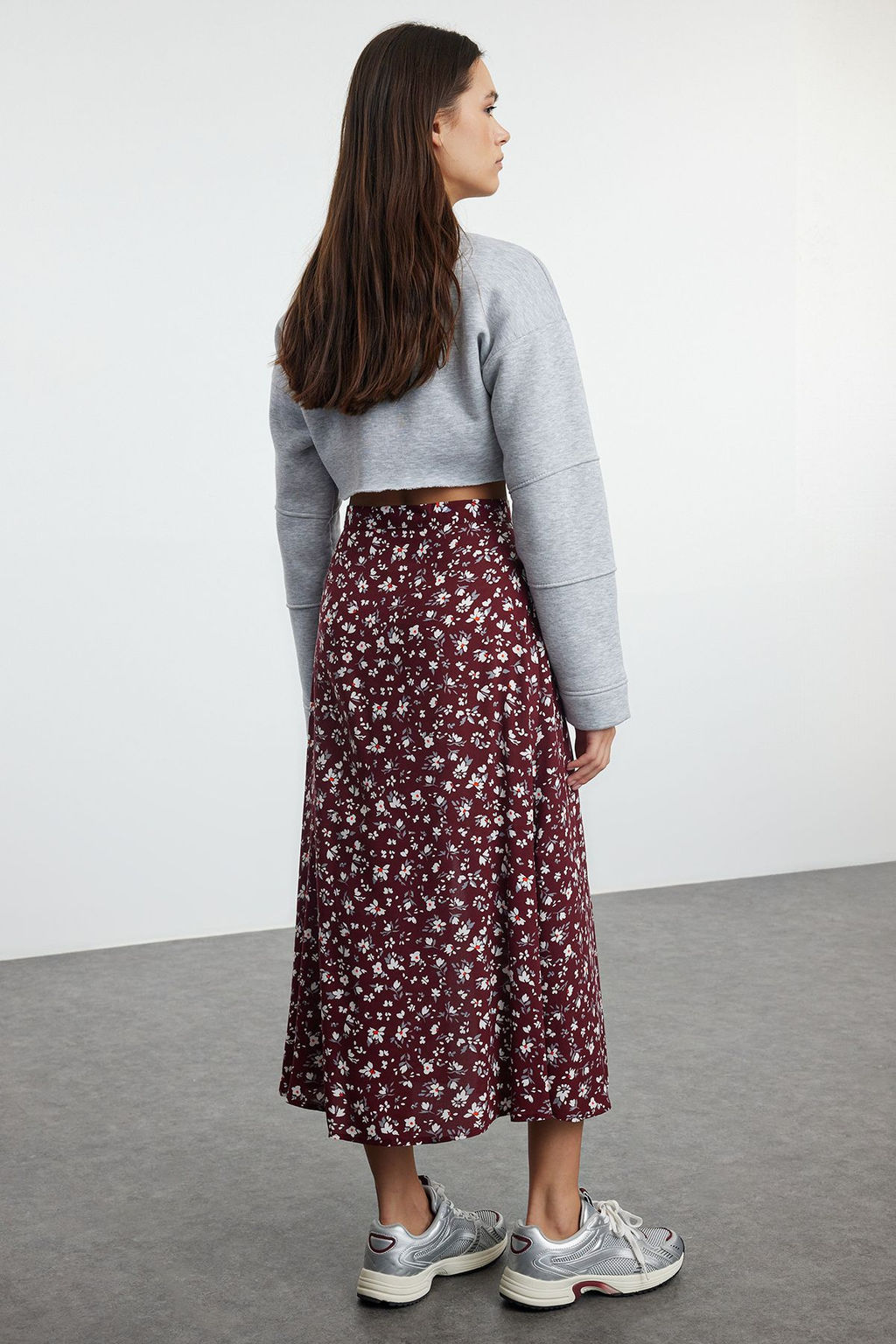 Bordo Y?rtmac Detayl? Cicek Desenli Viskon Kumasl? Midi Dokuma Etek TWOSS20ET0230