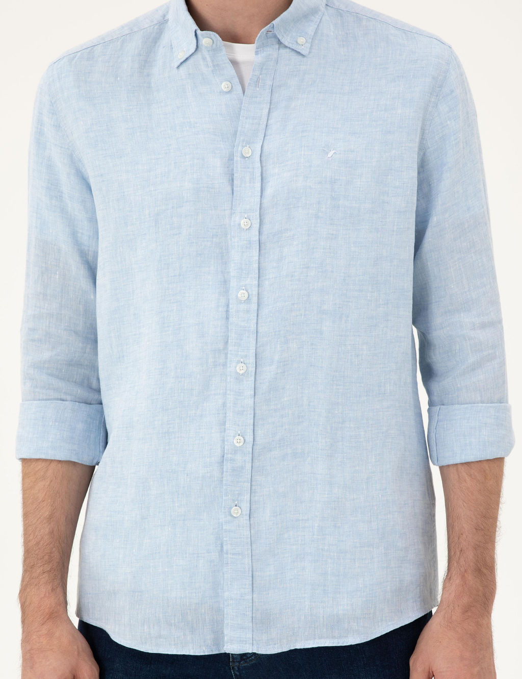 Синяя льняная рубашка классического кроя - Cacharel фото 6