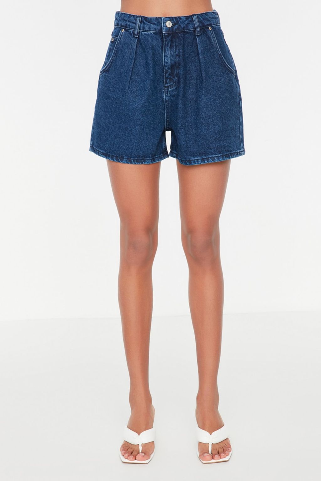 TRENDYOLMILLA Mavi More Sustainable Pileli Yuksek Bel Denim Sort TWOSS20SR0129 фото 18