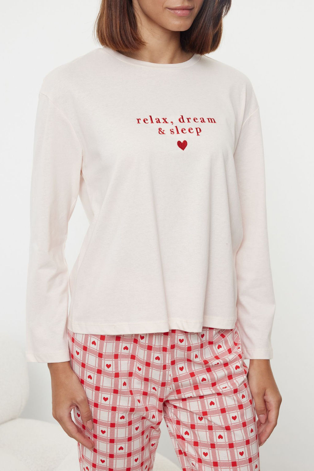 Pudra %100 Pamuklu Slogan Nak?sl? Kalpli Ekoseli Orme Pijama Tak?m? THMAW25PT00118