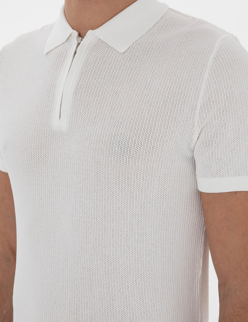 Ekru Slim Fit Fermuarl_ Polo Yaka Triko T-shirt