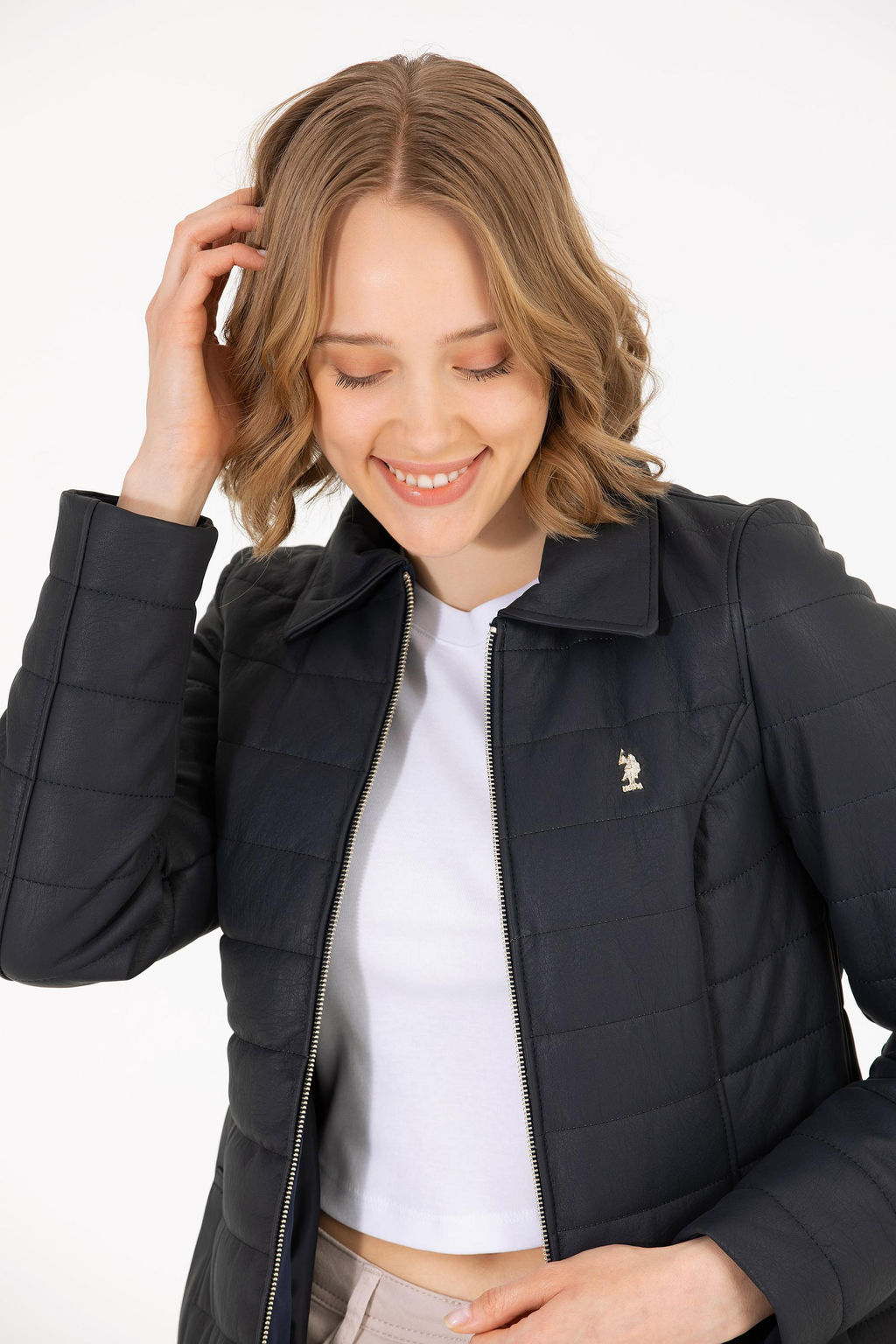 Женская темно-синяя кожаная куртка - U.s. polo assn фото 3