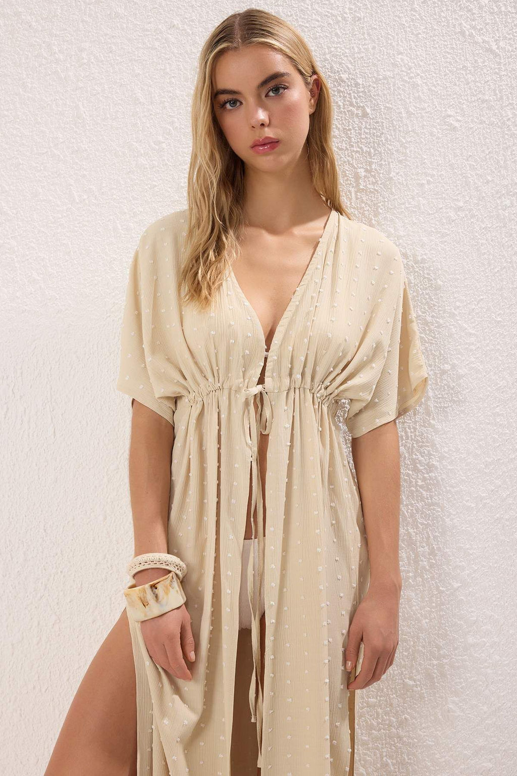 Bej Y?rtmacl? Uzun Dokuma Plaj Kimono&Kaftan TBESS25KM00021 - Trendyolmilla фото 2