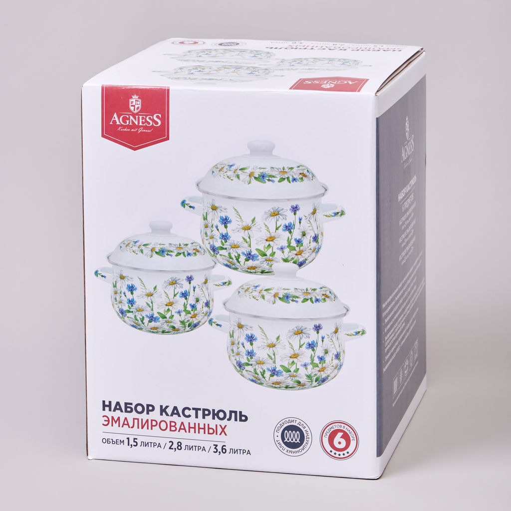 НАБОР КАСТРЮЛЬ AGNESS ЭМАЛИРОВАННЫХ СЕРИЯ SENTIMENT, 6ПР. 1,5/2,8/3,6Л, 16Х10/20Х12/22Х13СМ  фото 2