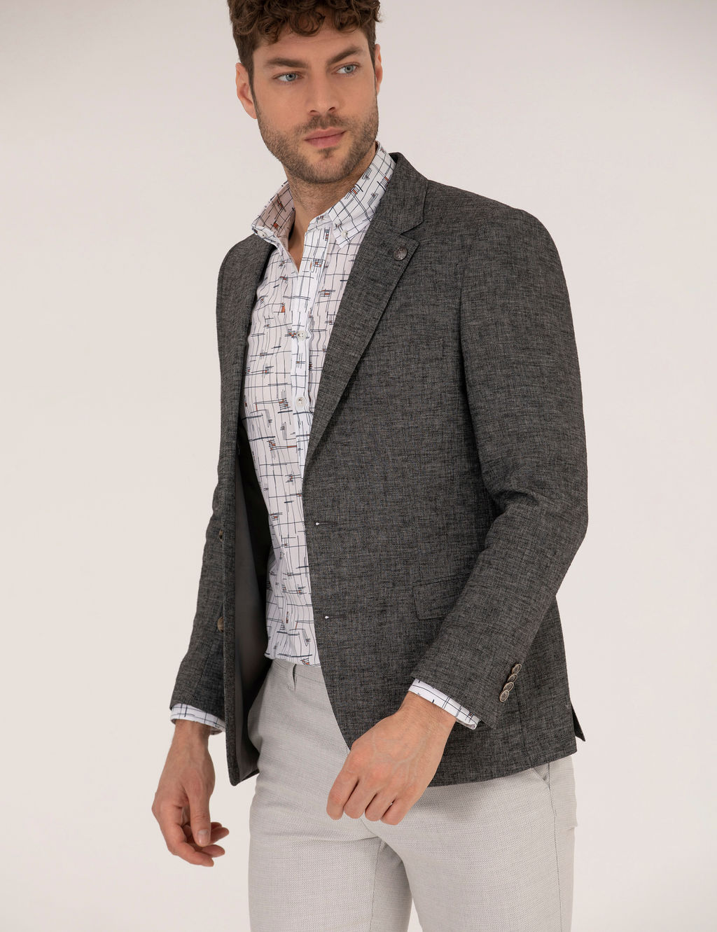 Antrasit Ekstra Slim Fit Keten Kar___ml_ Blazer Ceket