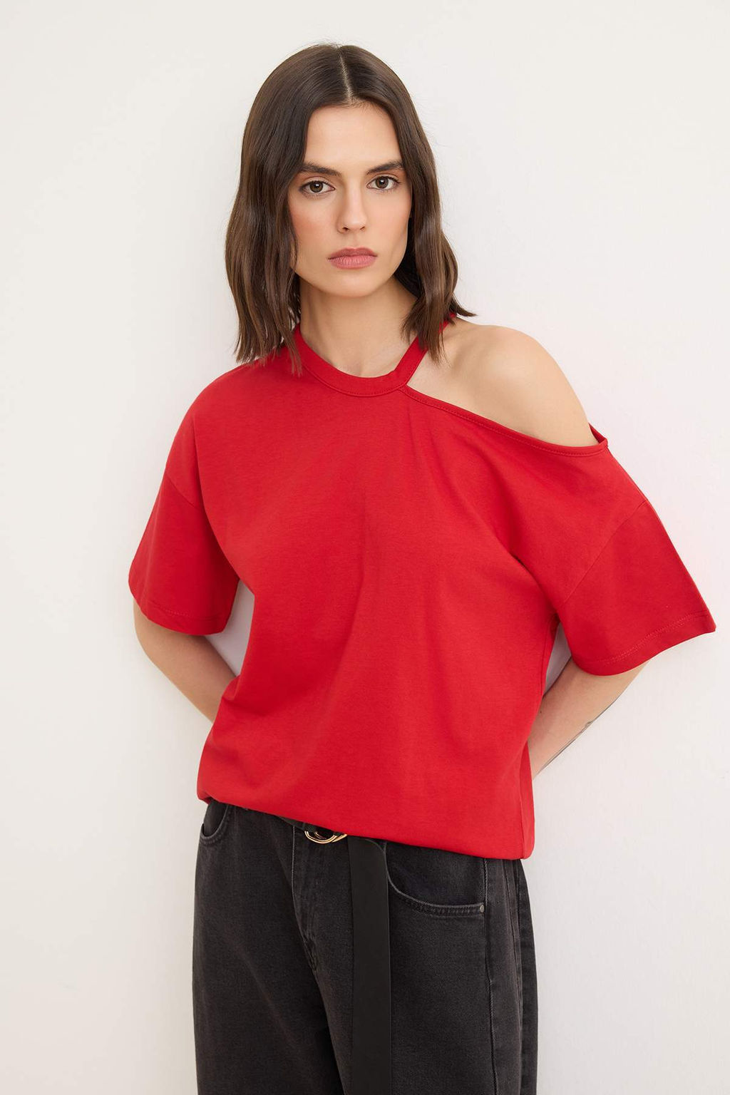 Siyah Duz Oversize Bisiklet Yaka Dusuk Kol K?sa %100 Pamuk Orme T-Shirt TWOSS26TS00204 - Trendyolmilla фото 5