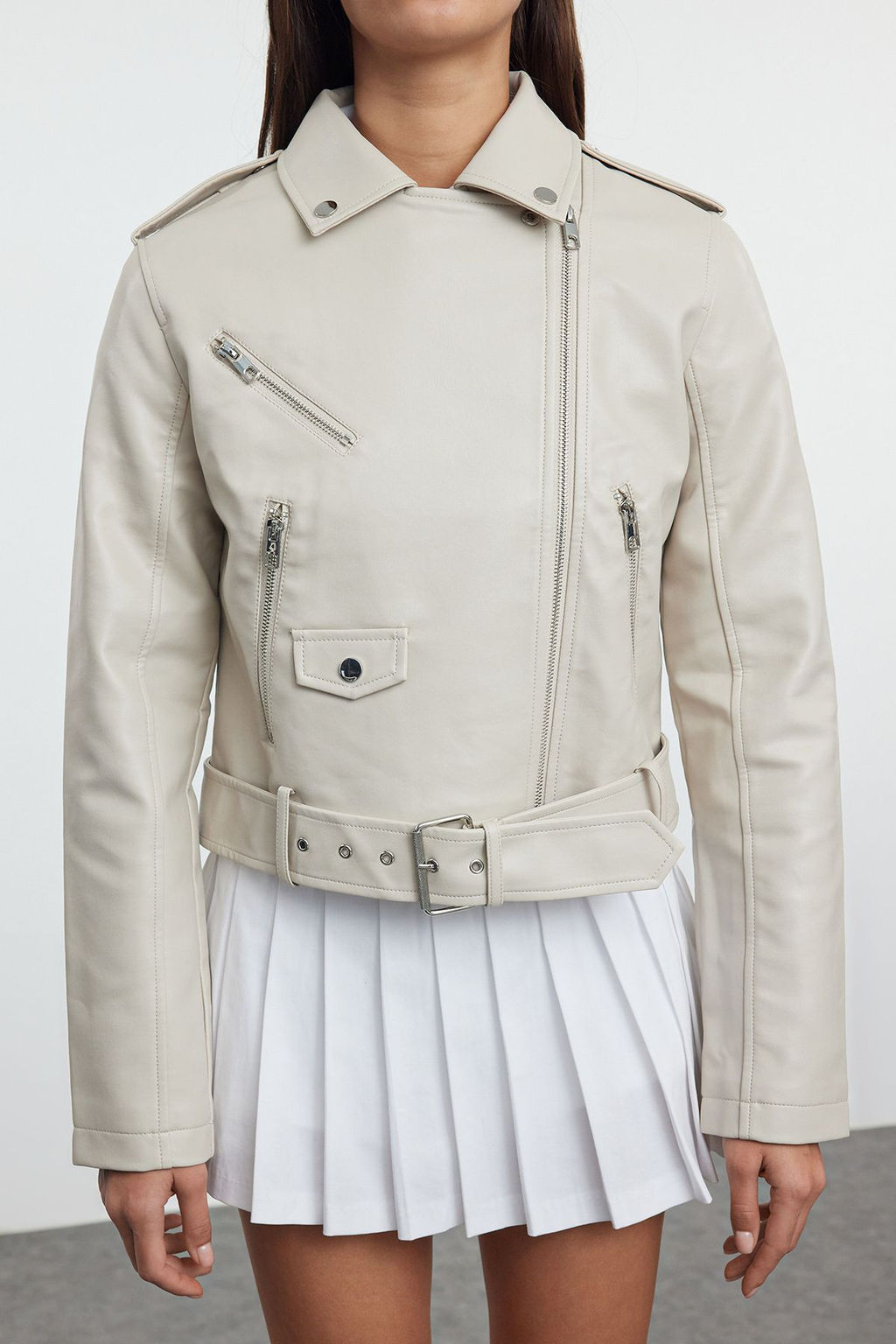 Trendyolmilla Ekru Regular Suni Deri Birker Ceket Mont TWOAW25MO00002  фото 3