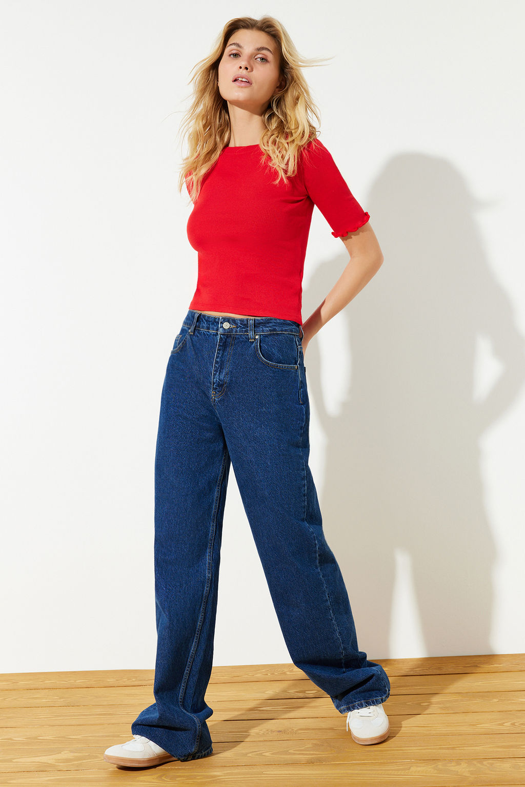 K?rm?z? Fitilli Fitted/Vucuda Oturan Bisiklet Yaka Esnek Orme Bluz TWOSS23BZ00025