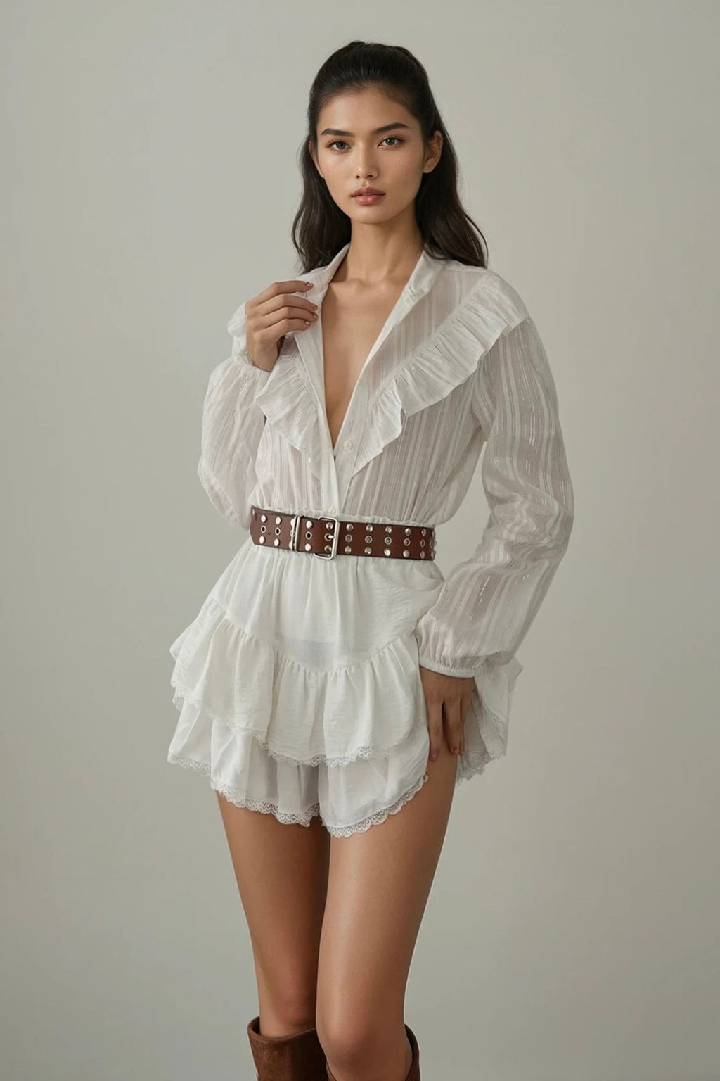 Trendyolmilla Beyaz F?rf?r Detayl? Transparan K?sa Kesim/Crop Gomlek TWOSS25GO00165