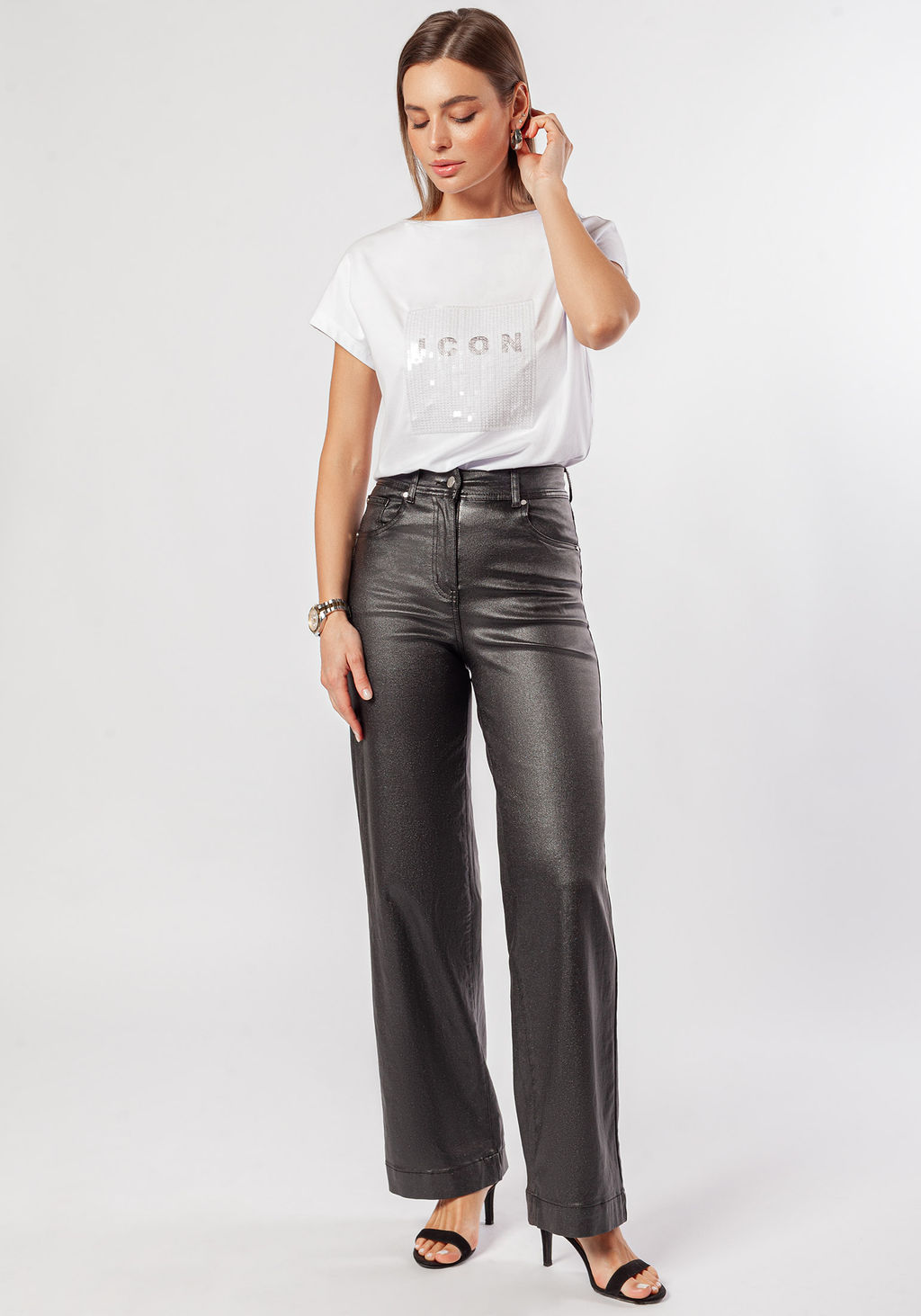 Футболка из премиального хлопка с принтом пайетками - Vilatte фото 5