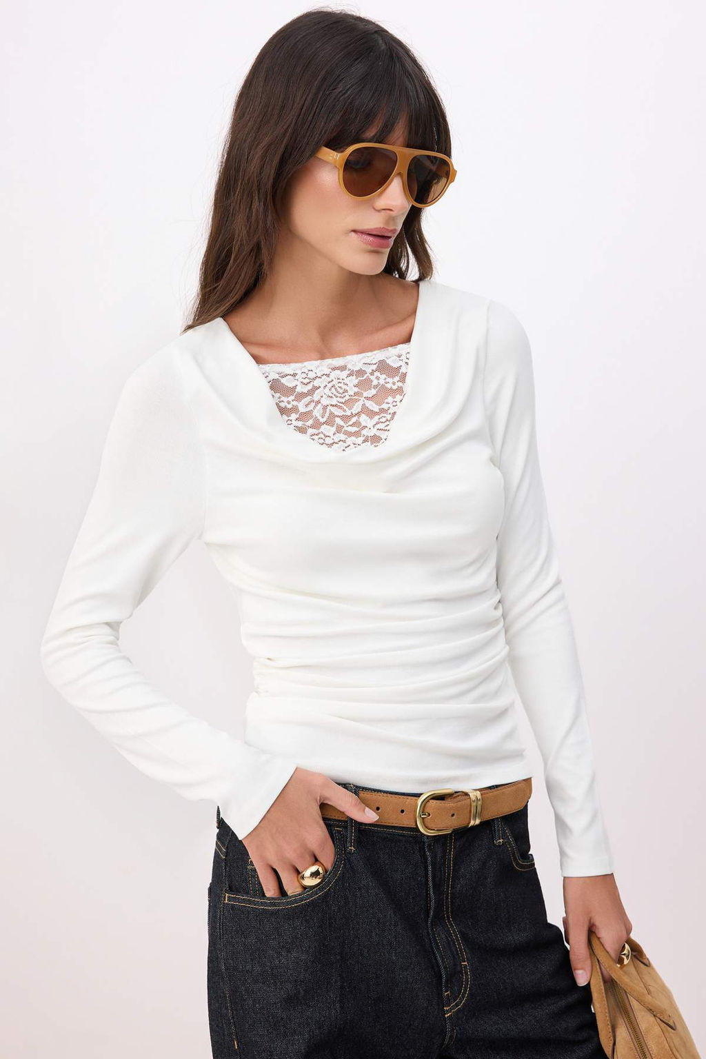 Ekru Regular/Normal Kal?p Degaje Yaka Uzun Kollu Yumusak Orme Bluz TWOSS26BZ00675 - Trendyolmilla фото 2