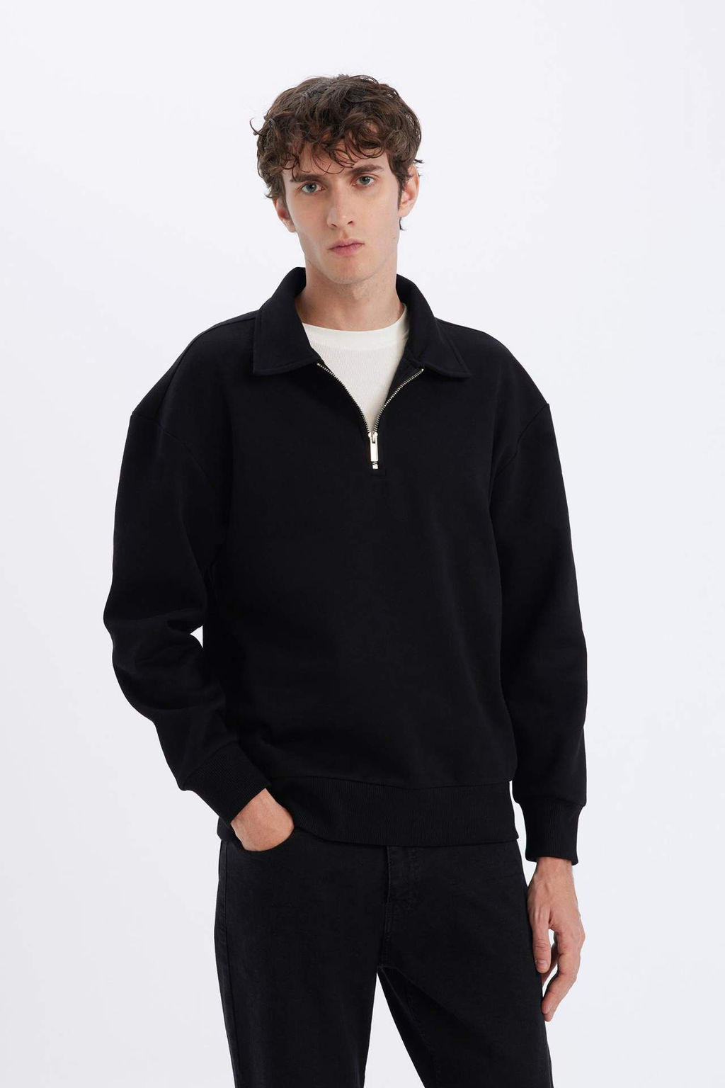 Relax Fit Polo Yaka Fermuarl? Basic Duz Kal?n Sweatshirt - Defacto фото 2