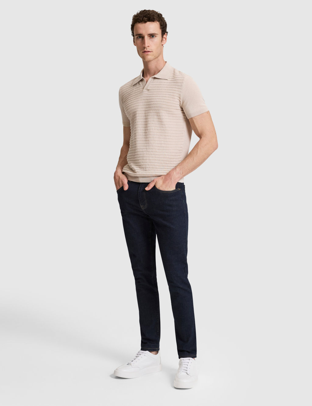 Bej Slim Fit Keten Kar__ml_ Apa_ Yaka Triko Ti__rt