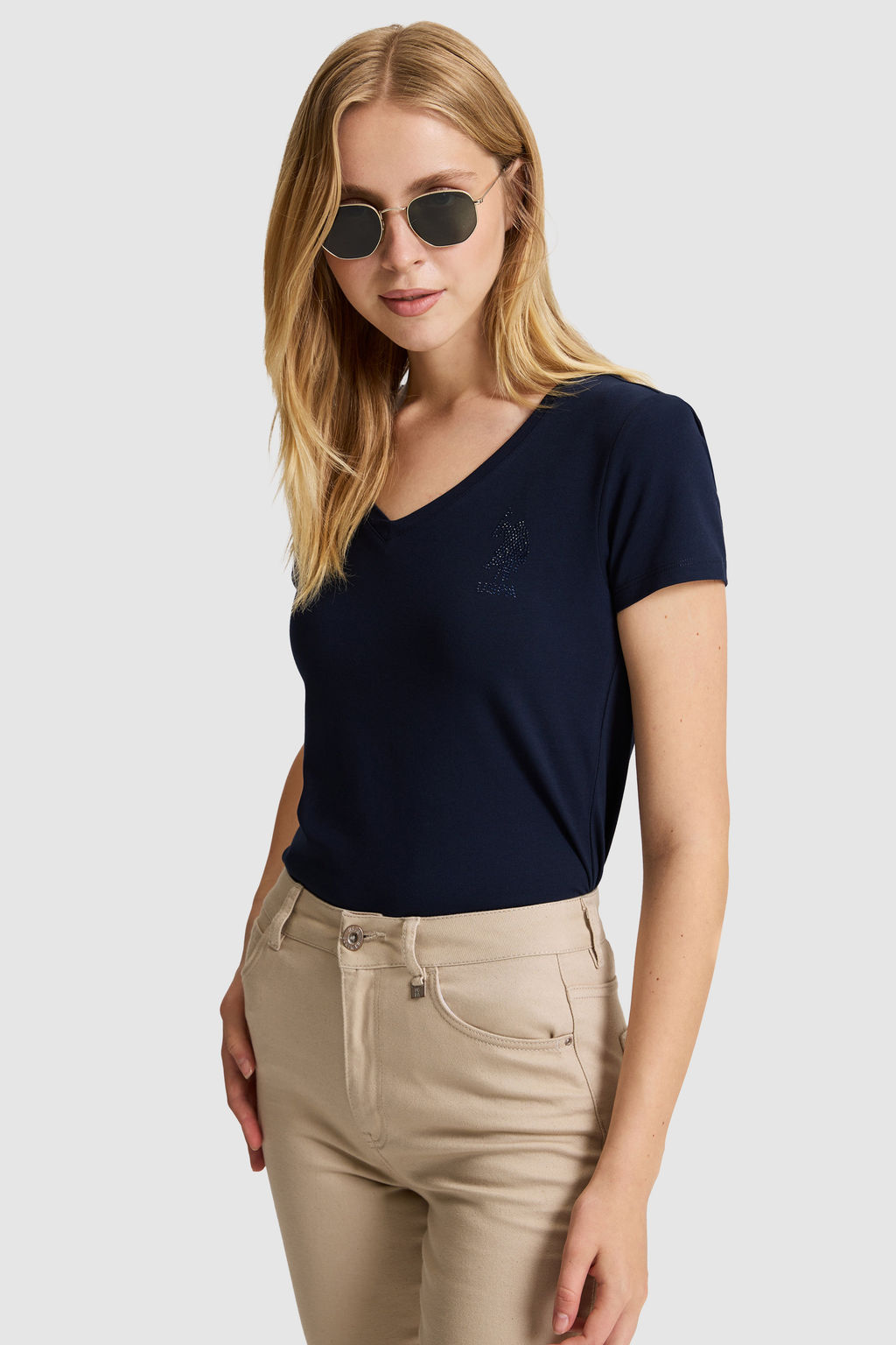 Kad_n Lacivert V Yaka Basic Ti__rt - U.s. polo assn фото 3