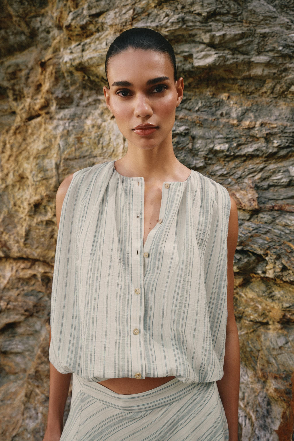BLUSA RAYAS GLOBO / Crudo / Marino