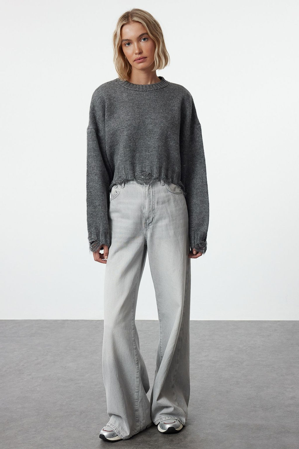 Antrasit Crop Super Genis Kal?p Yumusak Dokulu Ak?tma Detayl? Triko Kazak TWOAW24KZ00319 - Trendyolmilla фото 2