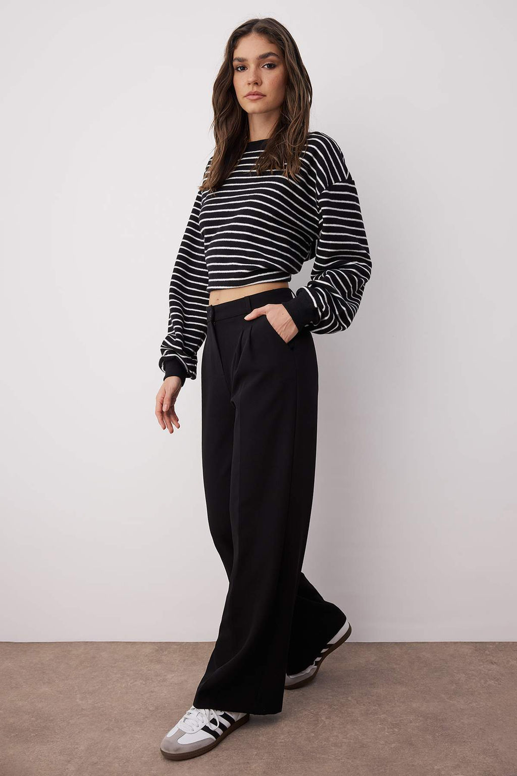 Siyah Pilili Wide Leg/Genis Paca Dokuma Pantolon TWOAW25PL00109 Palazzo