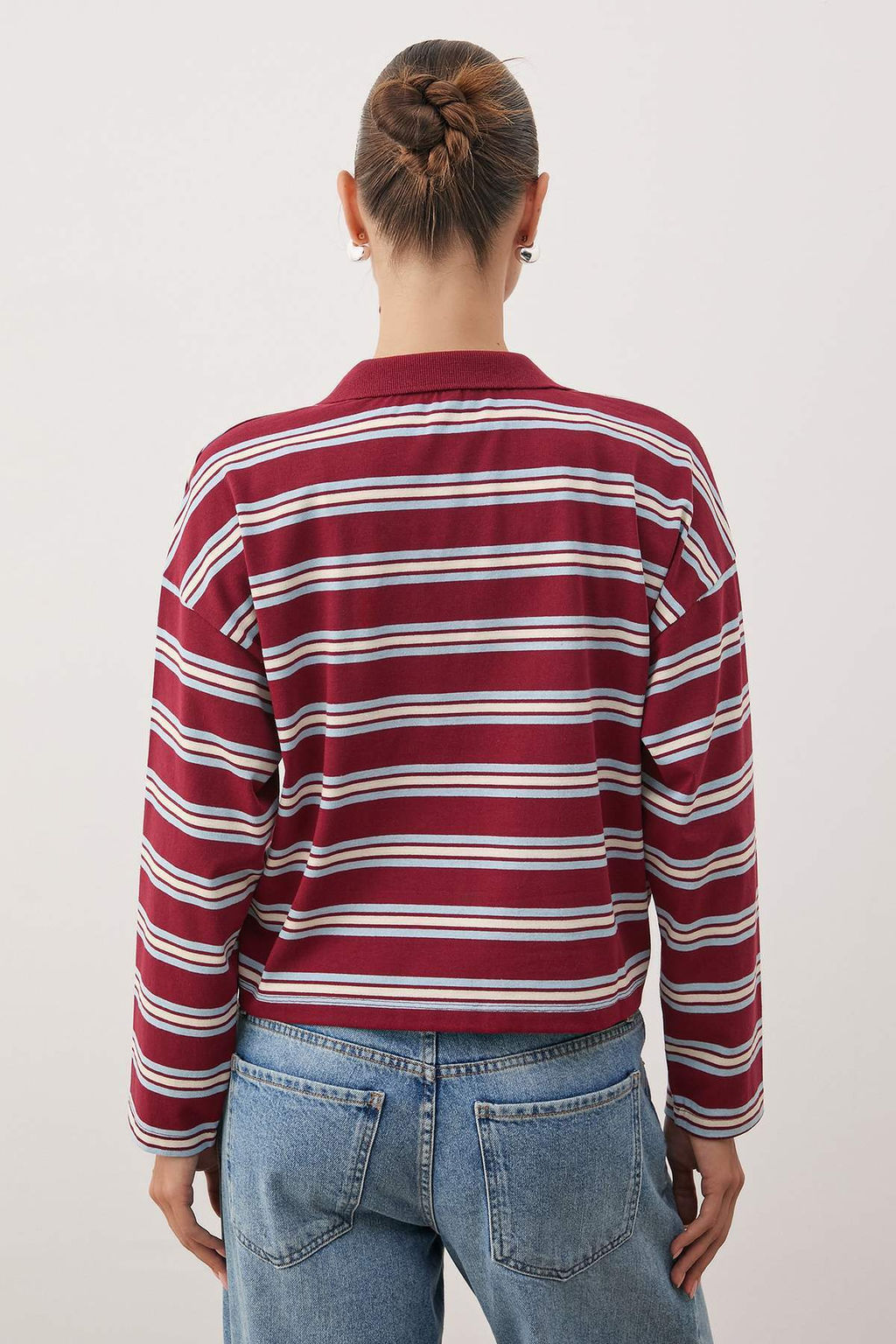 Bordo Cizgili Polo Yaka Oversize/Genis Kal?p Orme T-Shirt TWOAW26TS00020