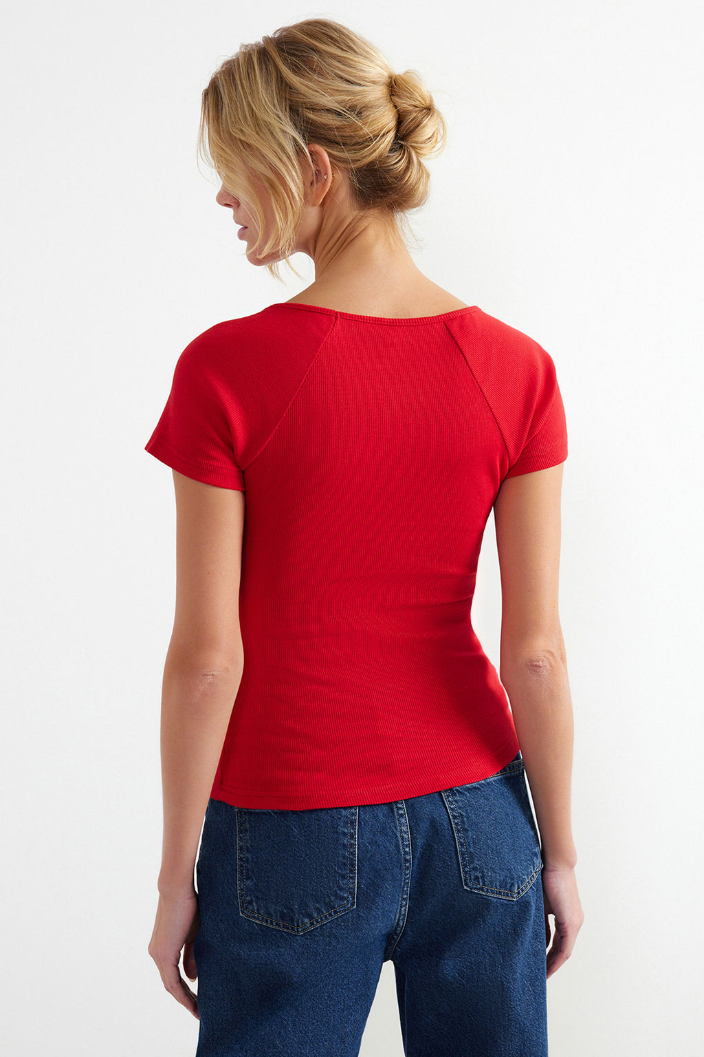 K?rm?z? Fitted/Vucuda Oturan Fitilli Pamuk Esnek Orme Bluz TWOSS21BZ0579
