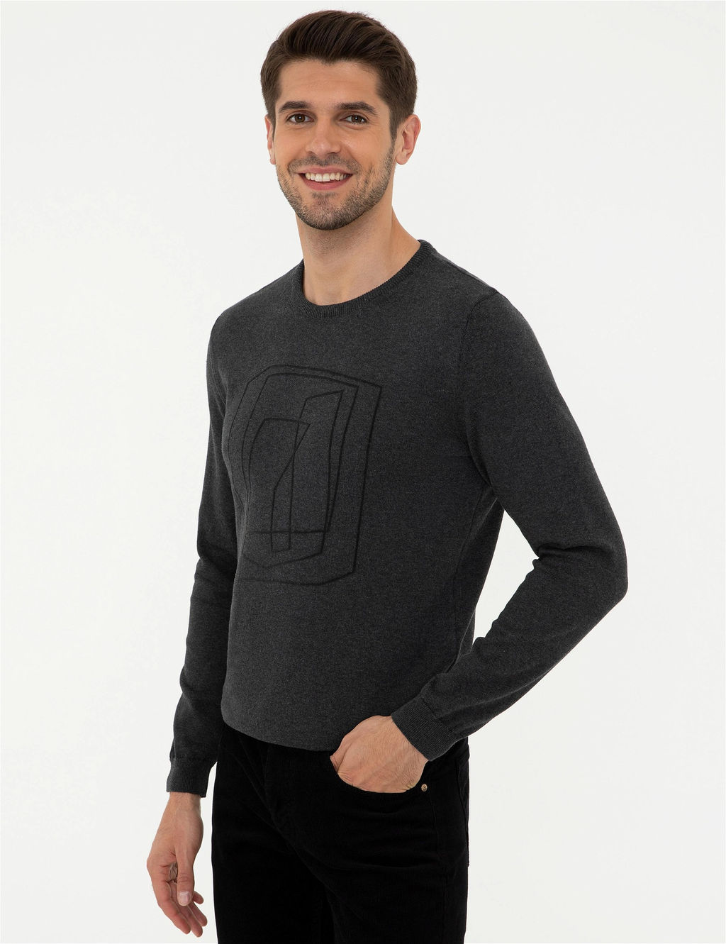 Gri Melanj Slim Fit Bisiklet Yaka Triko Kazak - Pierre cardin фото 3