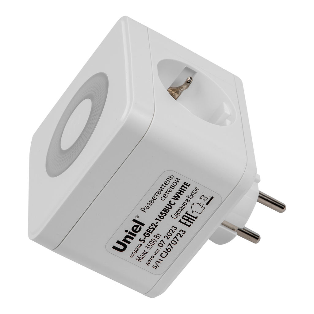S-GES2-16SBUC WHITE Разветвитель сетевой с выключателем, с/з. 2 гнезда. 2USB+1TYPE C. 16А, 3500Вт. Белый. ТМ Uniel
