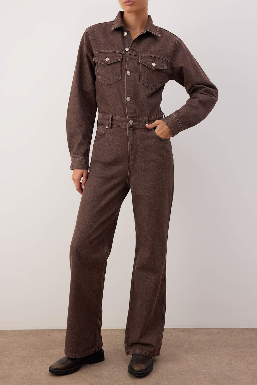 Kahverengi Gomlek Yaka Dugmeli Cepli Denim Tulum TWOAW26TU00012 - Trendyolmilla фото 3