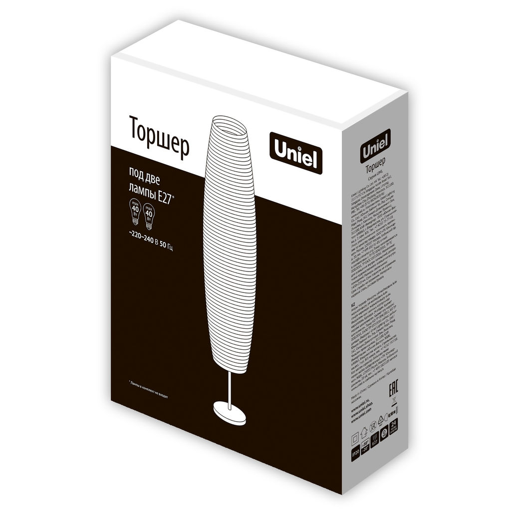 UML-T410 2хE27 WHITE Торшер напольный под две лампы Е27, 2х60W. Механический выключатель. Белый. ТМ Uniel