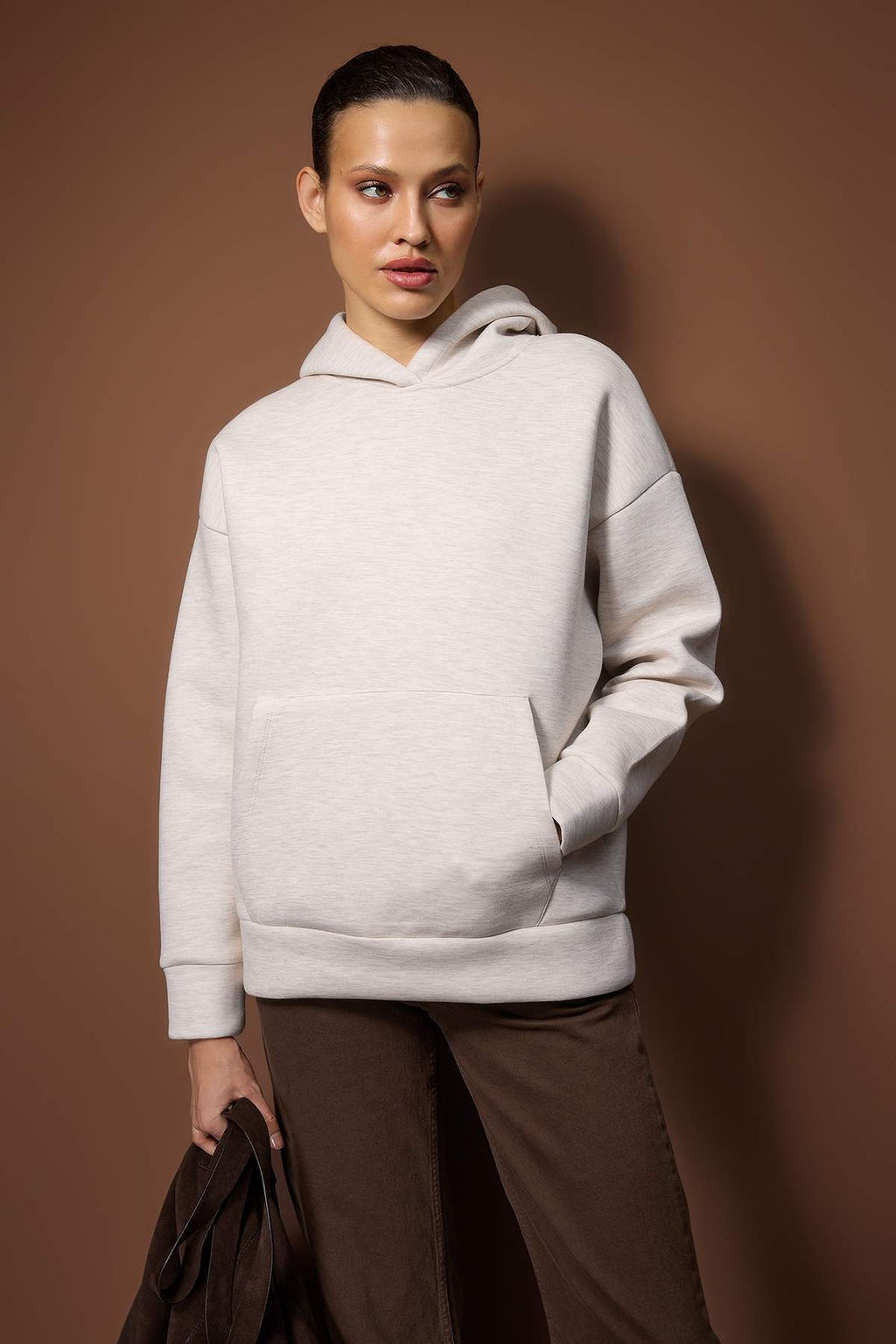 Bej Melanj Premium Oversize/Genis Kal?p Kal?n Esnek Orme Sweatshirt TWOAW26SW00246