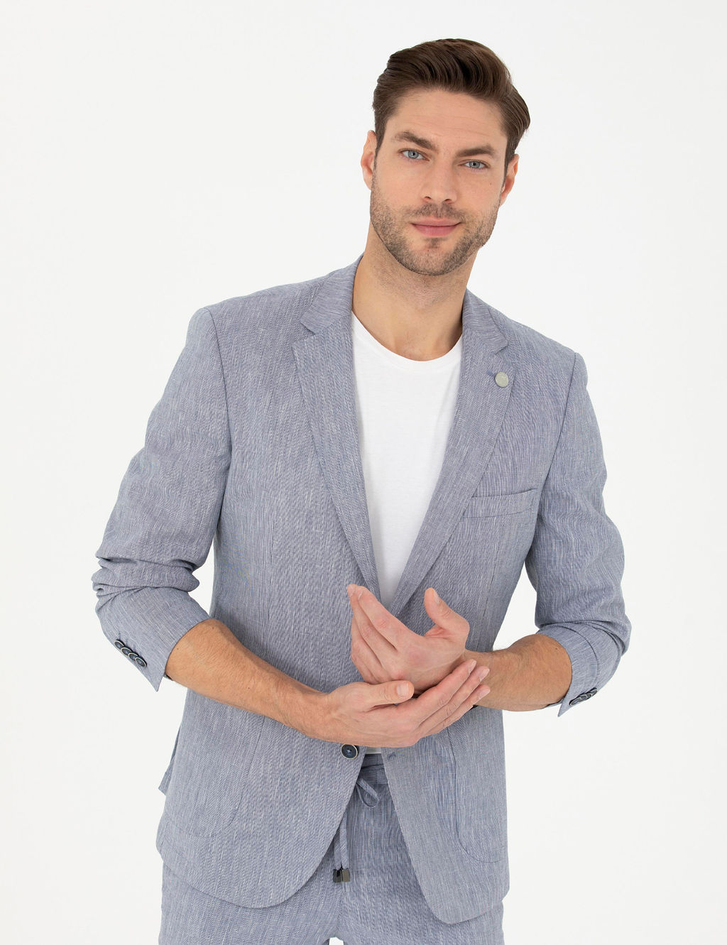 Koyu Mavi Ex. Slim Fit Keten Kar___ml_ Ceket